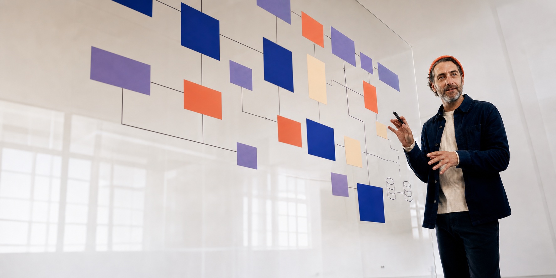 Technical leader explaining a system workflow on a glass board.