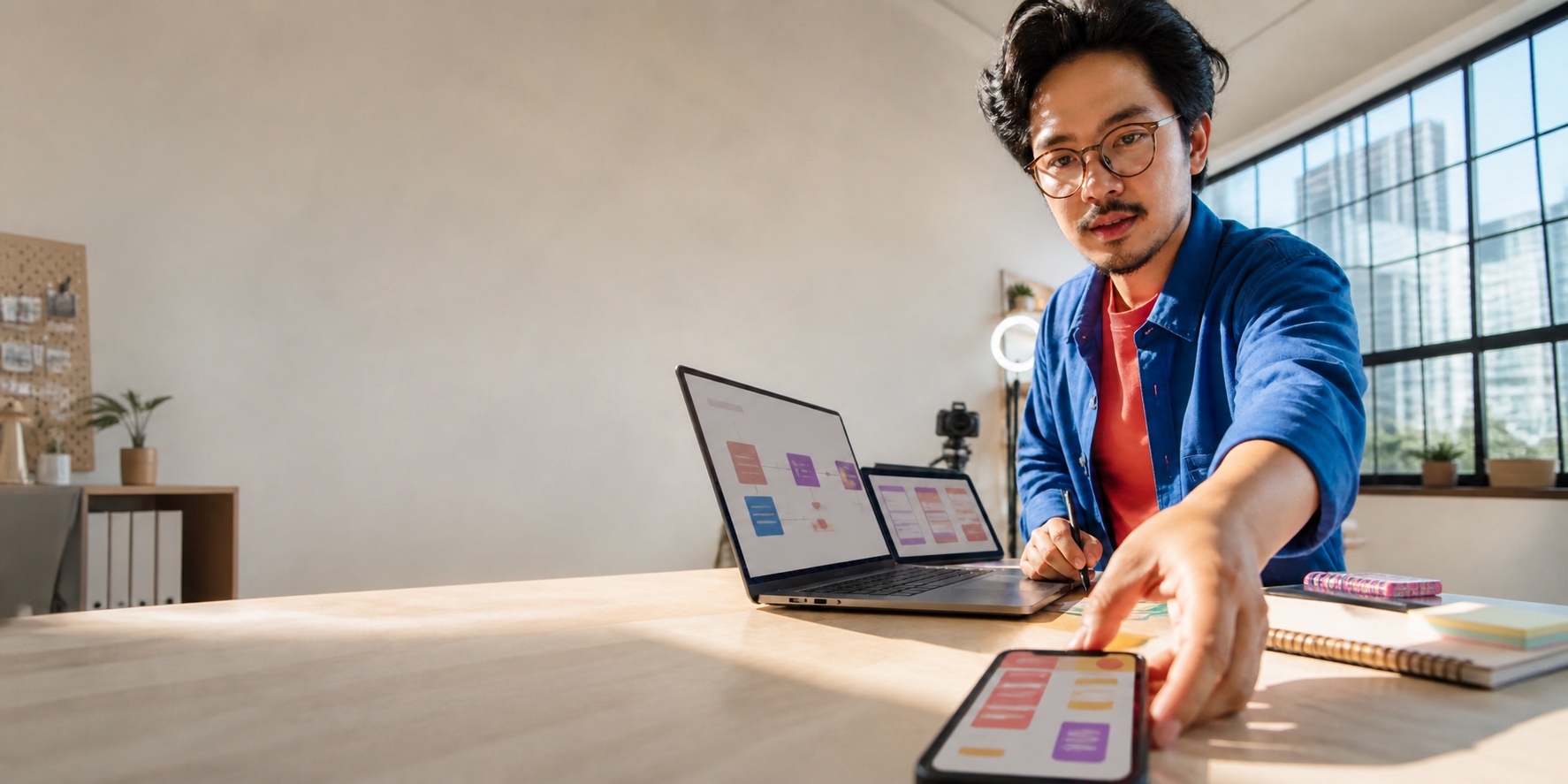 Developer reviewing a responsive product interface across laptop, tablet, and phone.
