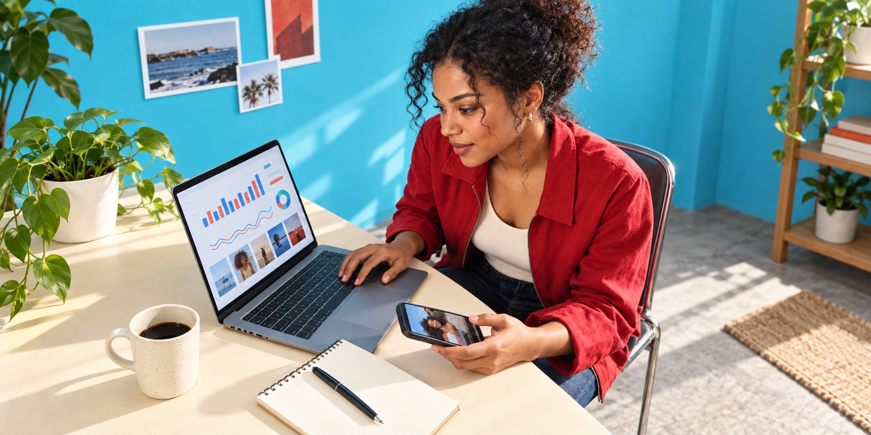 Growth marketing professional reviewing creator content and campaign performance in a colorful studio.