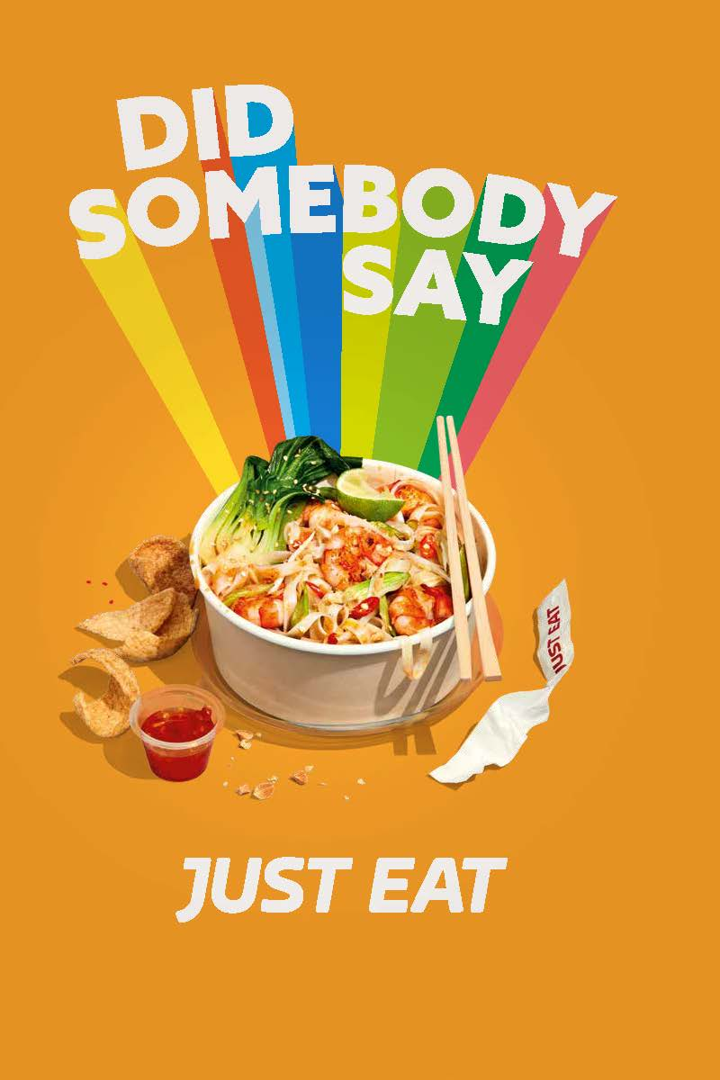 Just Eat campaign artwork featuring a noodle bowl and colorful typography