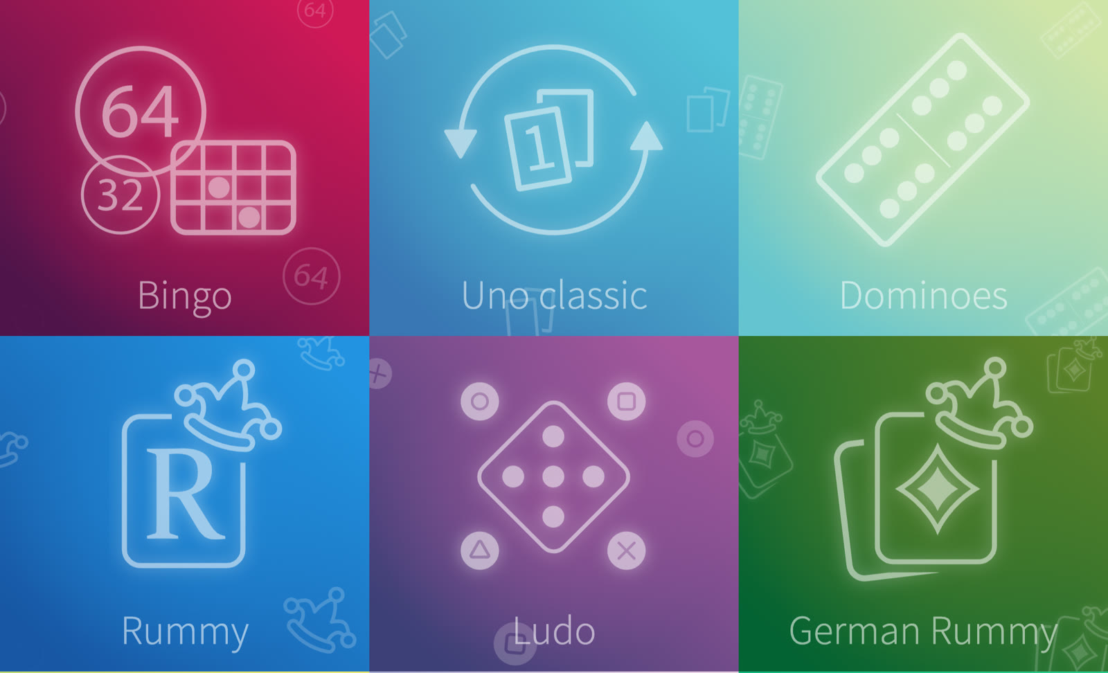 PlayJoy game tiles: Bingo, Uno, Dominoes, Rummy, Ludo and German Rummy